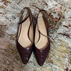 Franco Sarto Pointed Toe Ankle Strap Flats in Dark Burgundy Croc-Embossed